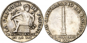 Bolivia. (1845). Potosí IV Aniversario de la batalla de Ingavi. Ex Áureo 26/09/2007, nº 2946. Rara. Plata. 3,33 g. Ø20 mm. EBC-.