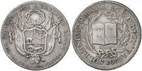 Perú. 1826. Lima. Constitución y Presidencia vitalicia de Simón Bolívar. Ex Áureo 26/09/2007, nº 2983. Plata. 18,08 g. Ø34 mm. MBC.