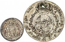 Madrid. Lote de 2 medallas de proclamación: Fernando VII módulo 2 reales, con perforación, e Isabel II módulo 1/2 real. (MBC/MBC+).