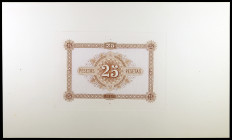 1874. 25 pesetas. (Ed. 259 Pa). 1 de julio. Prueba de grabado del reverso sobre cartulina blanca. Cantos dorados. Primera emisión de billetes con el v...