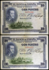 1925. 100 pesetas. (Ed. B127) (Ed. 344). 1 de julio, Felipe II. Sin serie. 2 billetes con sello en seco del GOBIERNO PROVISIONAL. BC+/MBC-.