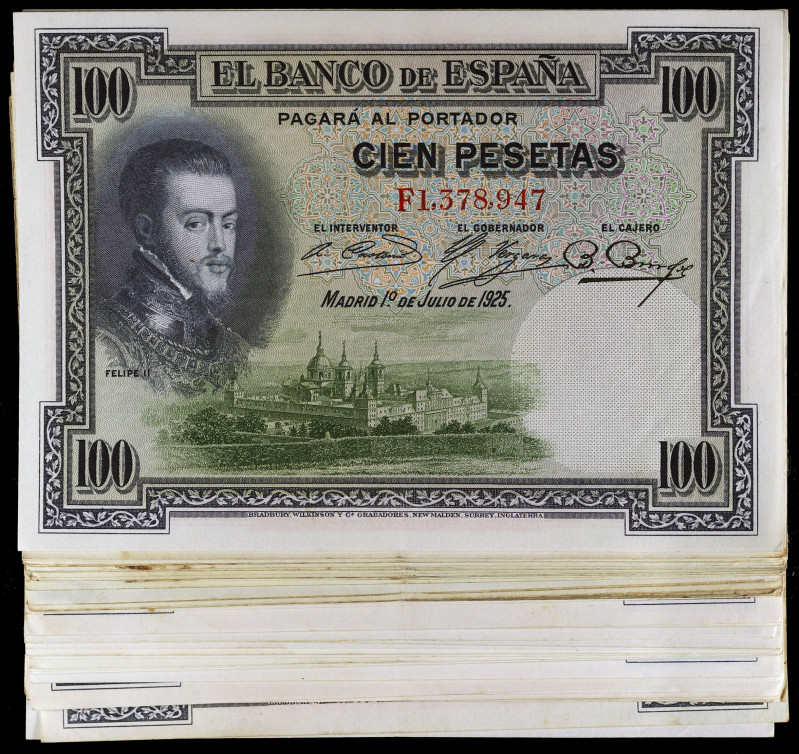 1925. 100 pesetas. 1 de julio, Felipe II. Lote de 65 billetes: sin serie (cinco)...