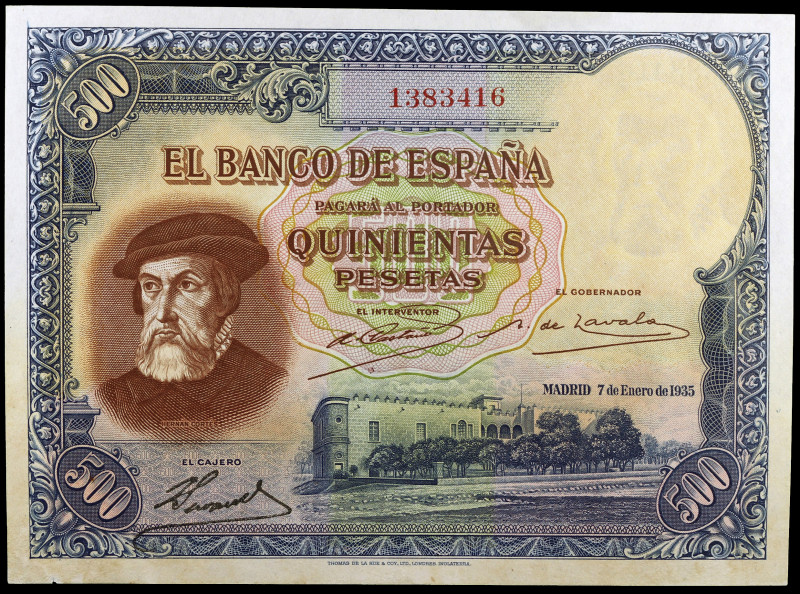 1935. 500 pesetas. (Ed. C16) (Ed. 365). 7 de enero, Hernán Cortés. Papel descolo...