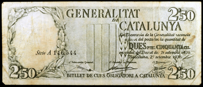 1936. Generalitat de Catalunya. 2,50 pesetas (negro). (Ed. C23) (Ed. 372). 25 de...