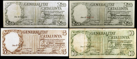 1936. Generalitat de Catalunya. 2,50 (negro y rojo), 5 y 10 pesetas. (Ed. C23, C23a, C24 y C25) (Ed. 372, 372a, 373 y 374). 25 de septiembre. 4 billet...