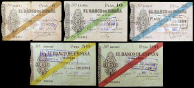 1936. Gijón. 5, 10, 25, 50 y 100 pesetas. (Ed. C31 a C35) (Ed. 380 a 384). 5 de noviembre. Serie completa. Todos con el sello tampón "VENCIMIENTO PROR...