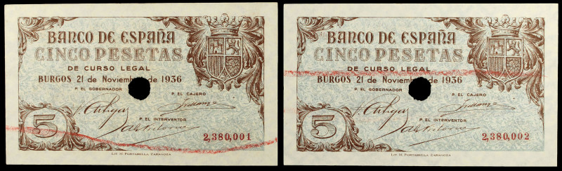 1936. Burgos. 5 pesetas. (Ed. D18n) (Ed. 417T). 21 de noviembre. Pareja correlat...
