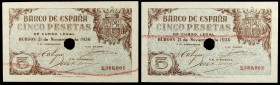 1936. Burgos. 5 pesetas. (Ed. D18n) (Ed. 417T). 21 de noviembre. Pareja correlativa. Un taladro. 2 perforaciones de grapa. Raros. EBC.