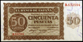 1936. Burgos. 50 pesetas. (Ed. D21a) (Ed. 420a). 21 de noviembre. Serie R. Escaso. EBC.
