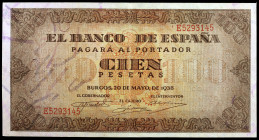 1938. Burgos. 100 pesetas. (Ed. D33a) (Ed. 432a). 20 de mayo. Serie E. MBC+.