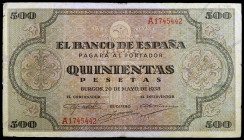 1938. Burgos. 500 pesetas. (Ed. D34) (Ed. 433). 20 de mayo. Raro. BC+.