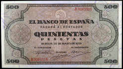 1938. Burgos. 500 pesetas. (Ed. D34) (Ed. 433). 20 de mayo, nº 0081016. Esquinas algo rozadas. Leve doblez. Pleno apresto. (EBC).