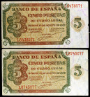 1938. Burgos. 5 pesetas. (Ed. D36a) (Ed. 435a). 10 de agosto. Serie L. 2 billetes. MBC-.