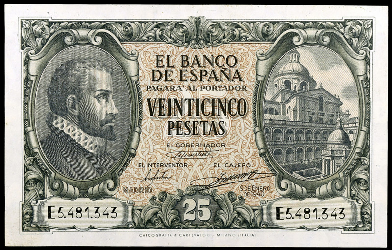 1940. 25 pesetas. (Ed. D37a) (Ed. 436a). 9 de enero, Juan de Herrera. Serie E. D...