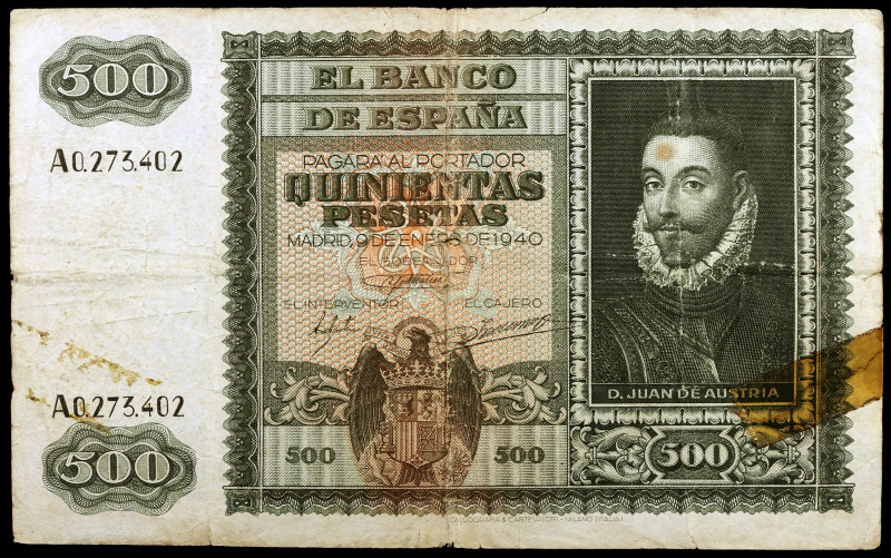 1940. 500 pesetas. (Ed. D40) (Ed. 439). 9 de enero, Juan de Austria. Roto y pega...