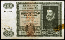 1940. 500 pesetas. (Ed. D40) (Ed. 439). 9 de enero, Juan de Austria. Roto y pegado con celo. Raro. BC+.