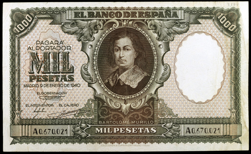 1940. 1000 pesetas. (Ed. D41) (Ed. 440). 9 de enero, Murillo. Raro. MBC-.