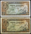 1940. 5 pesetas. (Ed. D44a) (Ed. 443a). 4 de septiembre, Alcázar de Segovia. 2 billetes, series B y F. MBC-/MBC+.