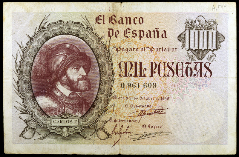 1940. 1000 pesetas. (Ed. D46) (Ed. 445). 21 de octubre, Carlos I. Dobleces. Raro...