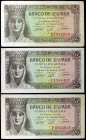1943. 5 pesetas. (Ed. D47a) (Ed. 446a). 13 de febrero, Isabel la Católica. 3 billetes, series: C, E y F. MBC-/MBC+.