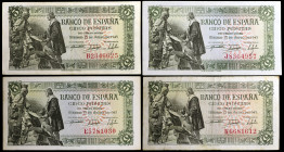 1945. 5 pesetas. (Ed. D50a) (Ed. 449a). 15 de junio, Isabel y Colón. 4 billetes, series: B, E, J y K. MBC-/EBC-.