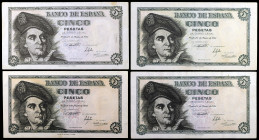 1948. 5 pesetas. (Ed. D56 y D56a) (Ed. 455 y 455a). 5 de marzo, Elcano. 4 billetes, sin serie y series A (dos) y L. MBC-/MBC.