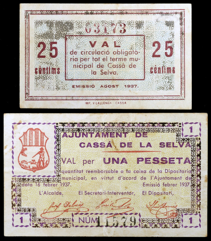 Cassà de la Selva. 25 céntimos y 1 peseta. (T. 806 y 807). 2 billetes. MBC-/MBC+...