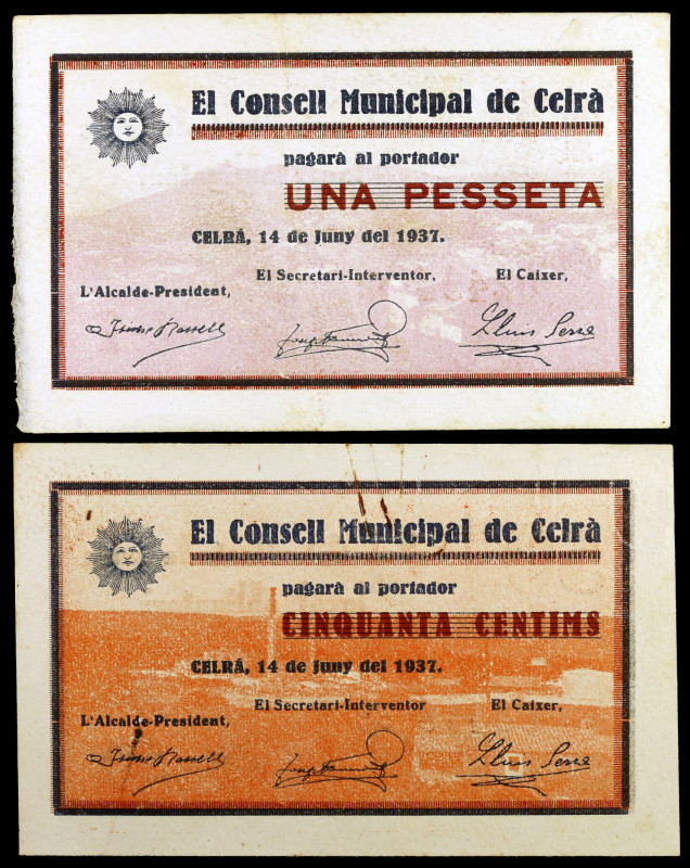 Celrà. 50 céntimos y 1 peseta. (T. 927 y 928a). 2 billetes, todos los de la loca...