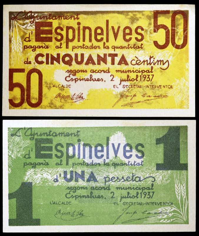 Espinelves. 50 céntimos y 1 peseta. (T. 1082 y 1083a). 2 billetes, todos los de ...