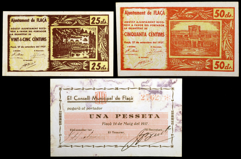 Flaçà. 25, 50 céntimos y 1 peseta. (T. 1184 var, 1185 y 1186). 3 billetes, todos...