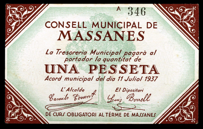 Massanes. 1 peseta. (T. 1703a). Nº 346. Muy raro y más así. EBC.