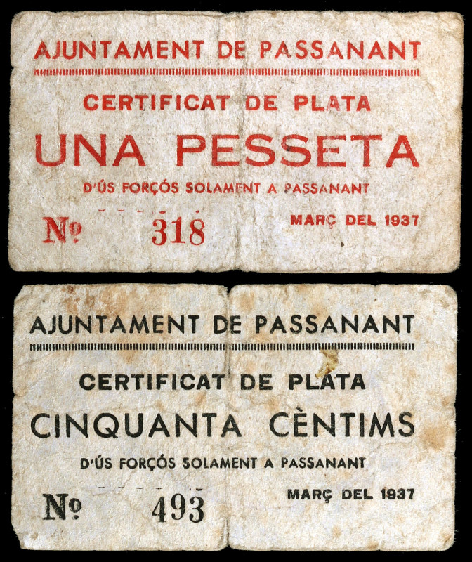 Passanant. 50 céntimos y 1 peseta. (T. 2067b y 2068b). 2 billetes, serie complet...