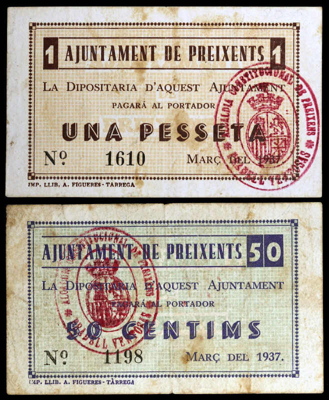 Preixents. 50 céntimos y 1 peseta. (T. 2305b y 2306b). 2 billetes, serie complet...