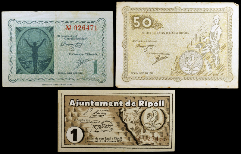 Ripoll. 50 céntimos y 1 peseta (dos). (T. 2462a, 2463 y 2464b). 3 billetes. BC+/...