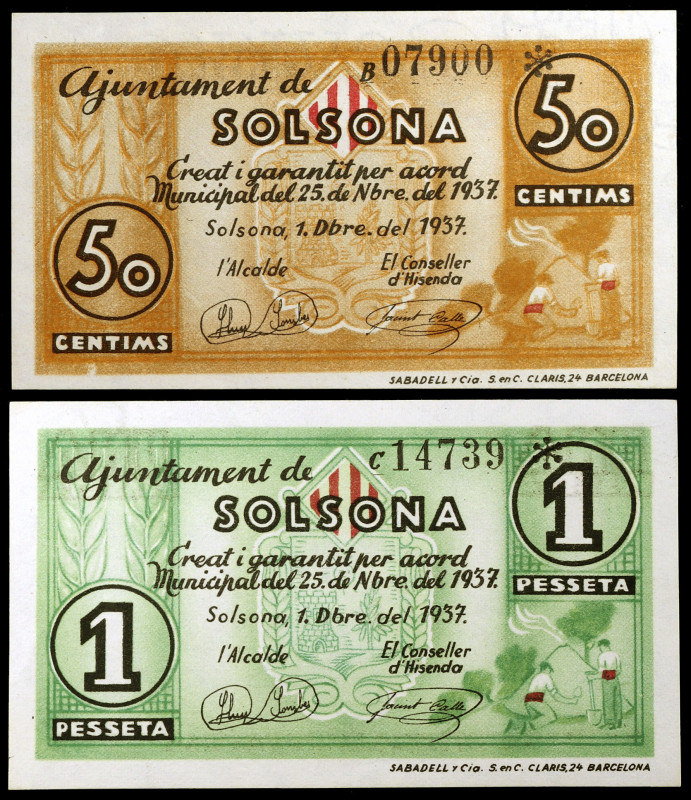 Solsona. 50 céntimos y 1 peseta. (T. 2781 y 2782). 2 billetes. EBC+.