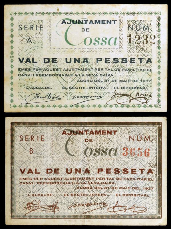 Tossa. 1 peseta (dos). (T. 3002c y 3004). 2 billetes. Escasos. MBC/MBC+.