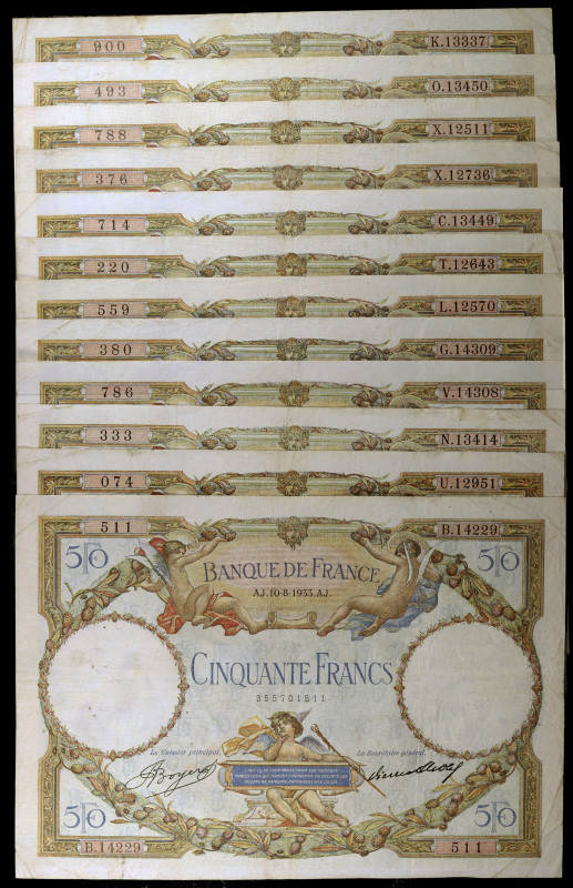Francia. 1933. Banco de Francia. 50 francos. (Pick 80b). 12 billetes, fechas dis...