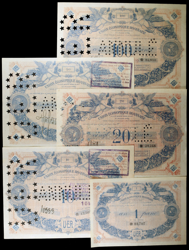 Francia. 1939. Unión Économique Roannaise. 1, 10, 20, 50 y 100 francos. Lote de ...