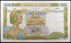 Francia. 1942. Banco de Francia. 500 francos. (Pick 95b). 1 de octubre. Firmas: J. Belin, P. Rousseau y R. Favre-Gilly. S/C-.