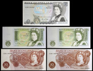 Inglaterra. 10 chelines (dos), 1 (dos) y 5 libras. Isabel II. 5 billetes, dos parejas correlativas. EBC+/S/C.