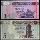 Libia. (2013 y 2015). 1 y 5 dinars. (Pick 76 y 81). 2 billetes. S/C.