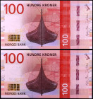 Noruega. 2016. Banco de Noruega. 100 coronas. (Pick 54). 2 billetes. S/C.
