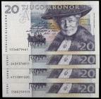 Suecia. (1991-1995). Sveriges Riskbank. 20 coronas. (Pick 61). Selma Lagerlöf. 4 billetes, diferentes combinaciones de firmas. S/C.