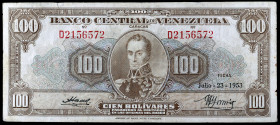 Venezuela. 1953. Banco Central. 100 bolívares. (Pick 34b). 23 de julio, Simón Bolívar. Serie D. MBC-.