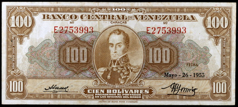 Venezuela. 1955. Banco Central. 100 bolívares. (Pick 34c). 26 de mayo, Simón Bol...