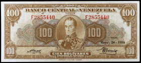 Venezuela. 1956. Banco Central. 100 bolívares. (Pick 34c). 24 de mayo, Simón Bolívar. Serie F. Dobleces. MBC.