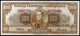 Venezuela. 1957. Banco Central. 100 bolívares. (Pick 34c). 13 de junio, Simón Bolívar. Serie G. Dobleces. MBC+.