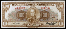 Venezuela. 1958. Banco Central. 100 bolívares. (Pick 34c). 29 de mayo, Simón Bolívar. Serie J. MBC-.