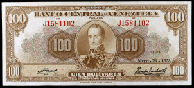 Venezuela. 1958. Banco Central. 100 bolívares. (Pick 34c). 29 de mayo, Simón Bolívar. Serie J. Dobleces. MBC+.
