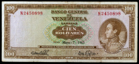 Venezuela. 1963. Banco Central. 100 bolívares. (Pick 48a). 7 de mayo, Simón Bolívar. Serie N. BC.